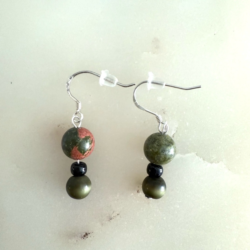 Unakite beaded ball with sterling hook earrings